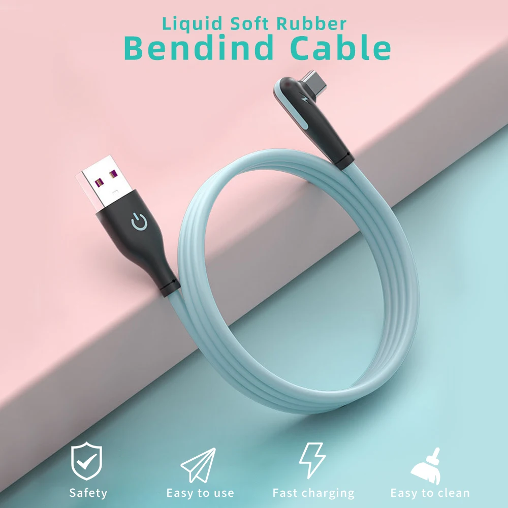 5A Fast Charging Cable USB Type C Liquid Silicone Cable 90 Degree Video Game Charging Cable Mobile Phone Quick Charger Cable 1M