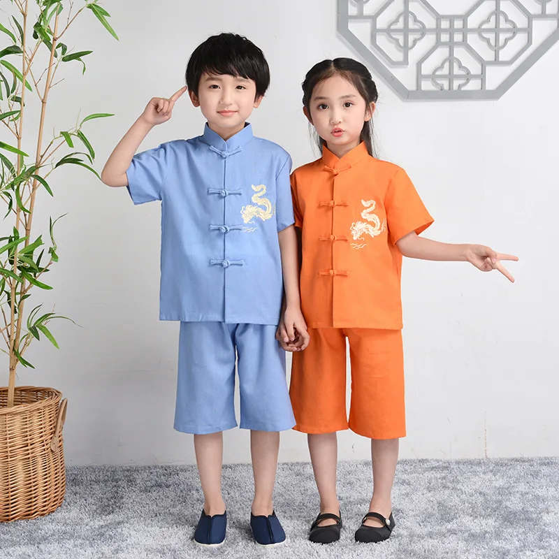 Children's Chinese Retro Short Sleeved Tang Suit Girls Boys Traditional Costumes 2024 Summer New Hanfu Tops Pants Outfit