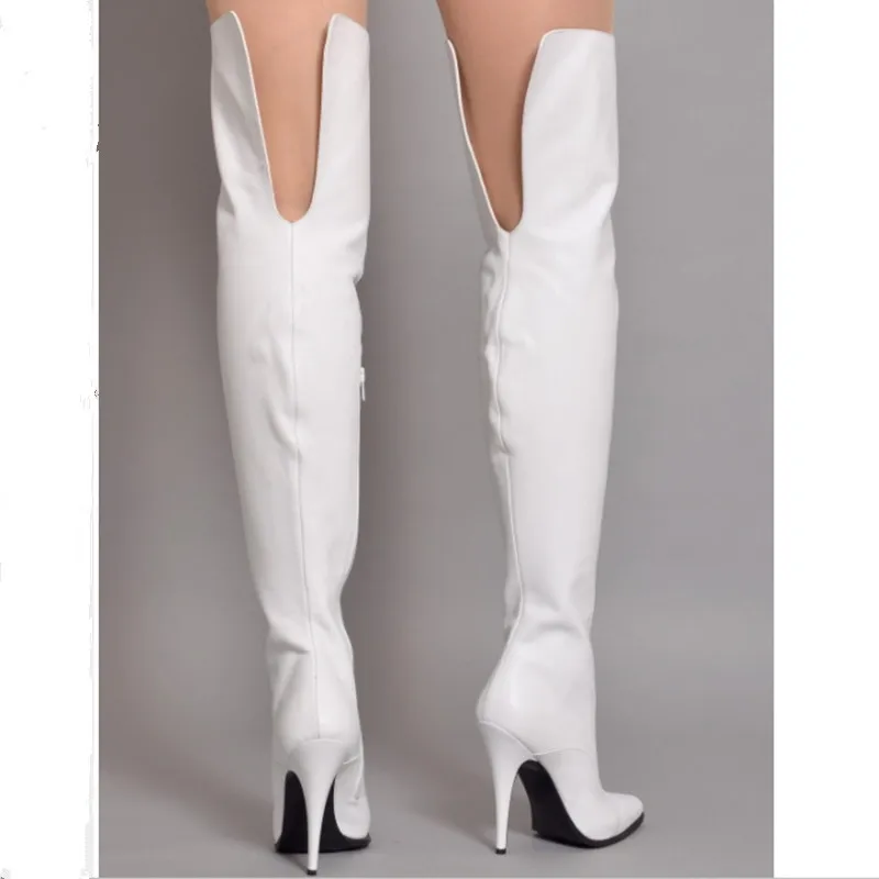 حذاء برقبة مدبب من الأمام فوق الركبة للنساء ، حذاء برقبة عالية للفخذ ، خنجر مثير ، حذاء بكعب عالٍ ، أسود وأبيض ، سحاب ، موضة شتوية ، #2