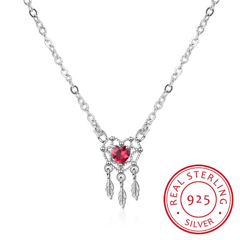 

Sweet Red Love Heart 925 Sterling Silver Dream Catcher Necklace For Women Short Clavicle Chain Wedding Party Christmas Gift