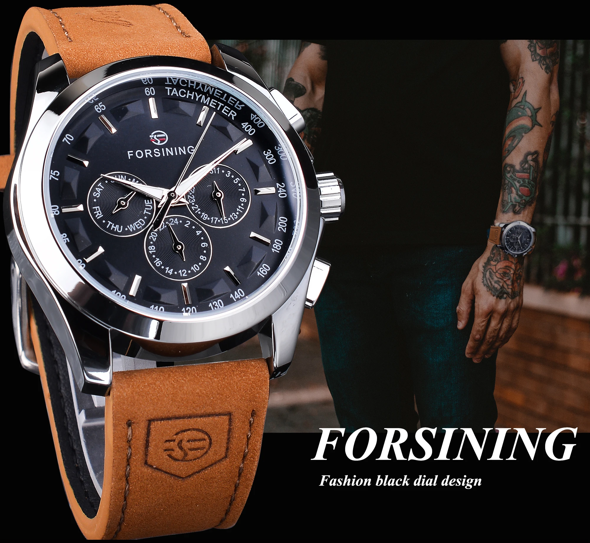 Forsining 3 Dial Automatic Watch Men's Mechanical Watches Black Calendar Display Clock Fashion Luminous Male Wristwatches Reloj