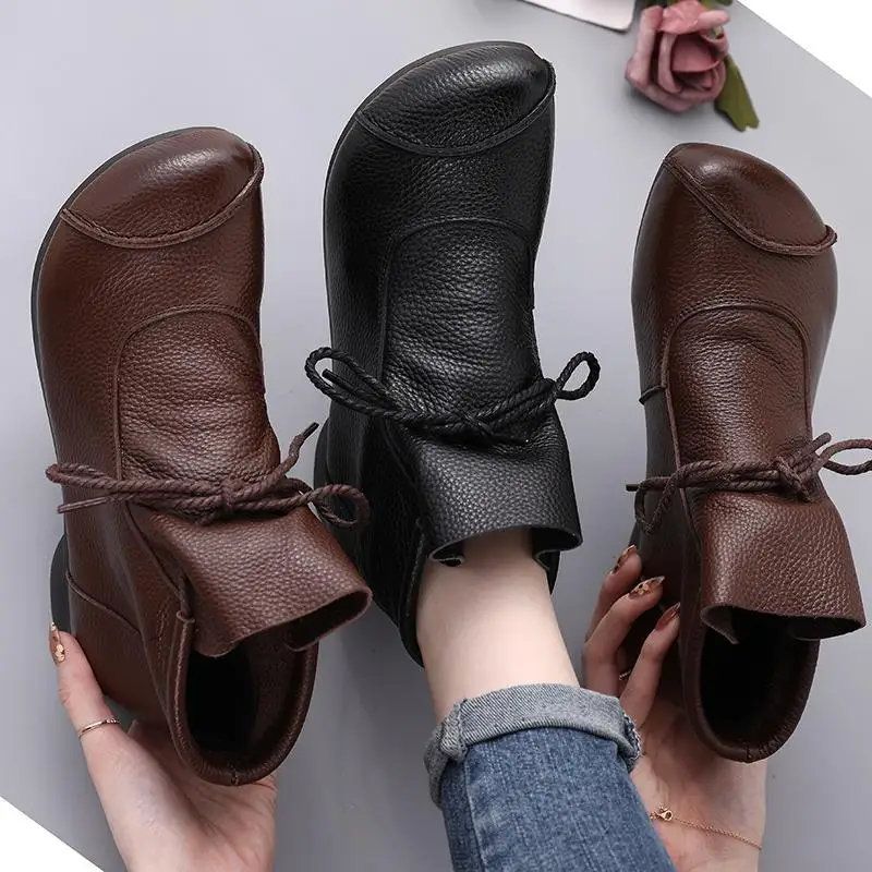 Booties Woman 2024 Soft Plush Ankle Boots for Women Fashion Lace up Autumn Shoes Wedge Heel Female Boot Leather Platform Shoes