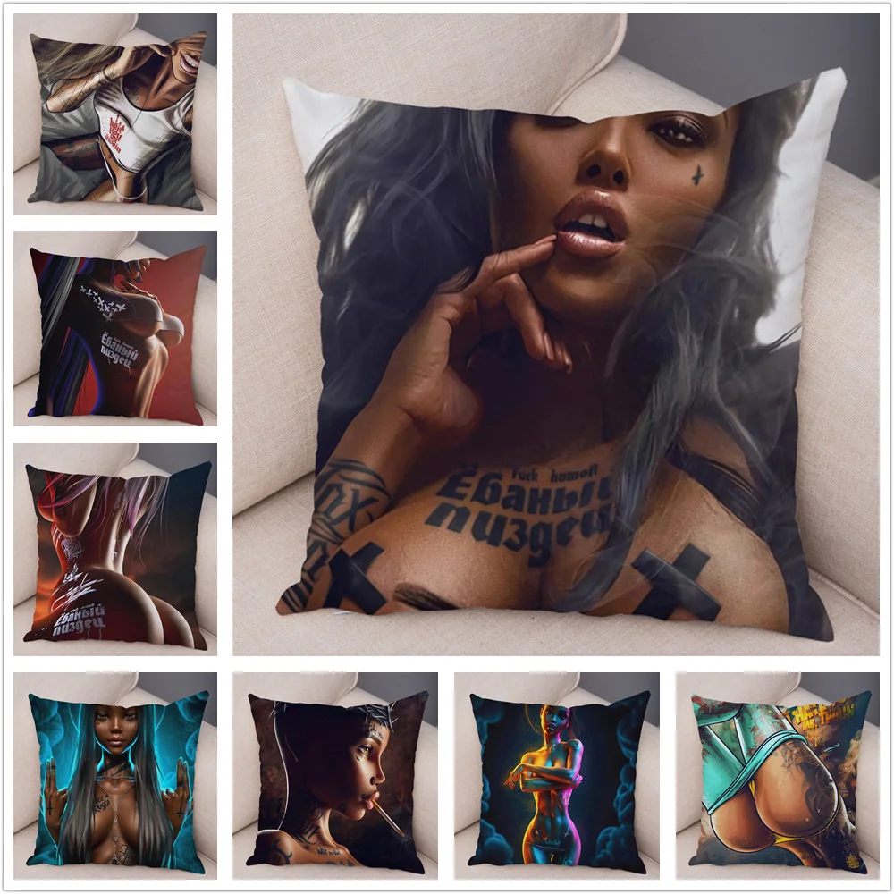 Dark Goth Super Sexy Tattoo Girl Pillow Case Plush Decor Cushion Cover for Sofa Car Home Pillowcase 45x45cm Pliiows Covers