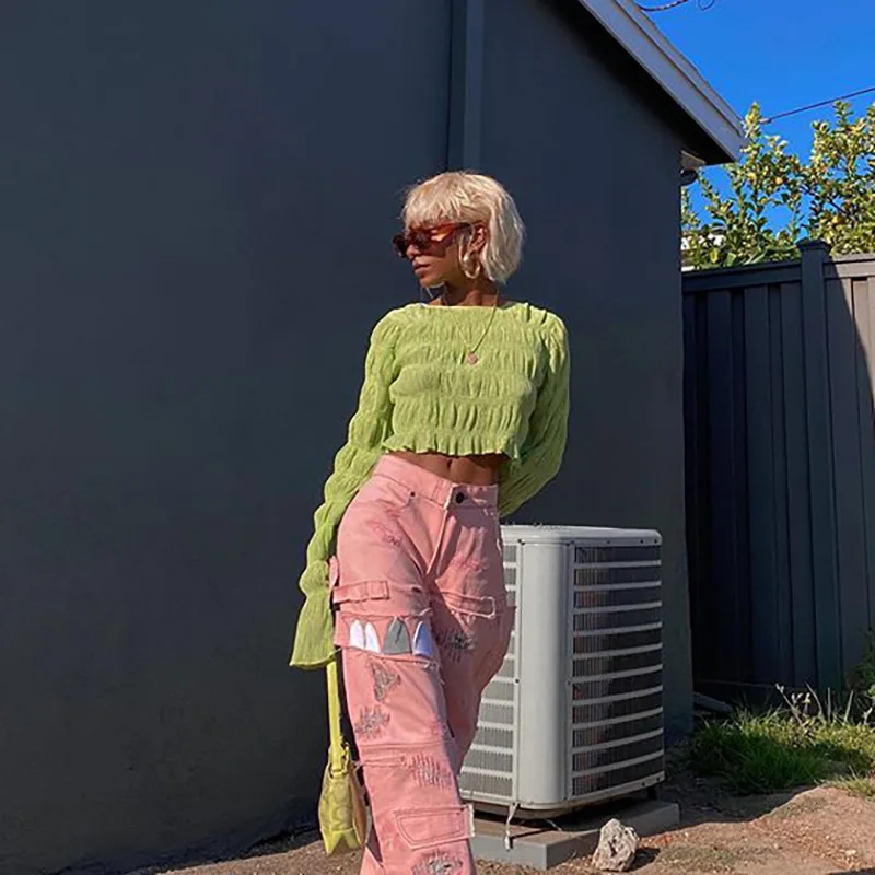 Spring And Autumn Women's New Korean Style Pleated Round Neck Long-sleeved Belly Button All-match Crop Top Women Y2k Aesthetic