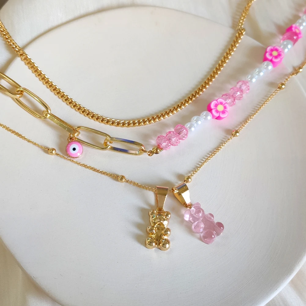 Pink Gummy Bear Pearl Beaded Choker Necklace For Women Multilayer Asymmetrical Flower Beads Metal Chain Necklace Fashion Jewelry