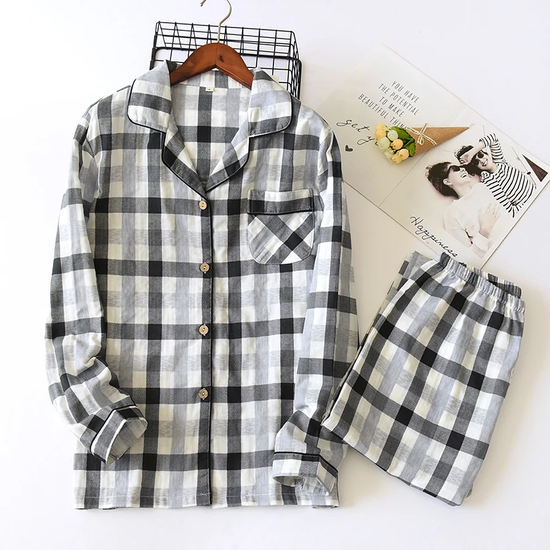 Men and Women Leisure Loose Plaid Printing Pajamas Sleepwear Comfortable Cotton Gauze Long Sleeve Pajama Home Clothes Loungewear