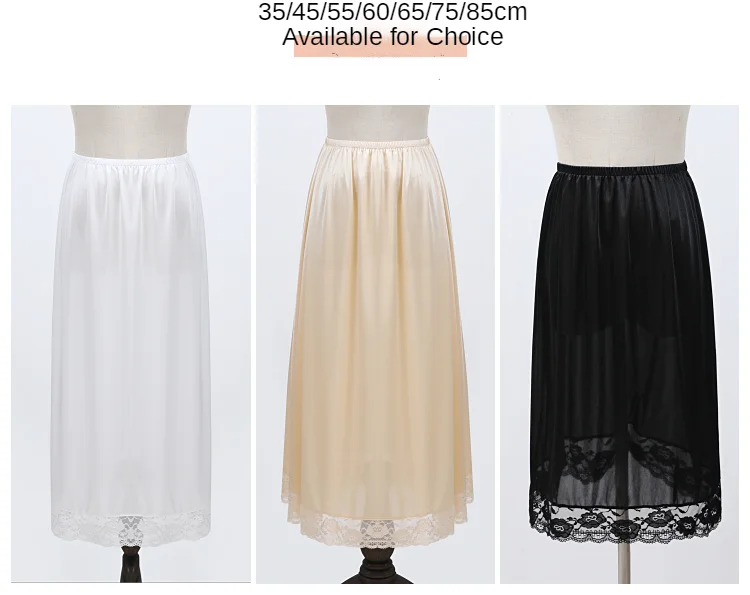 Lace Decoration Bust Skirt Long Skirt Design Basic Stain Silk Half Silp for Dress Women Underskirt 35-85cm White Black Petticoat