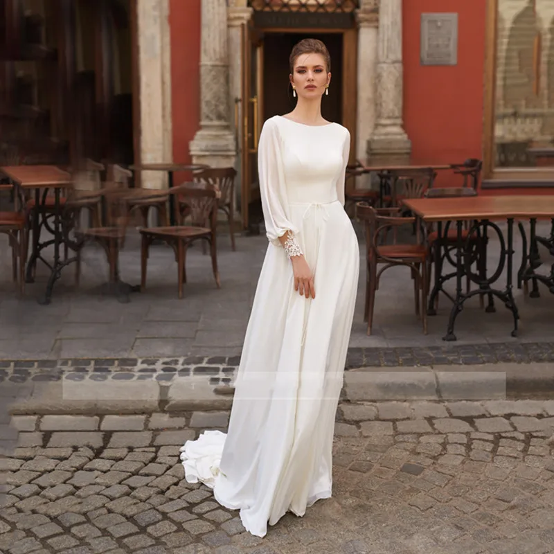 Robe de Mariée Trapèze en Mousseline de Soie, Col Rond, Dos aux, Manches sulf, Balayage Traîne, Design en Dentelle, Ceintures, Offre Spéciale, Été 2024