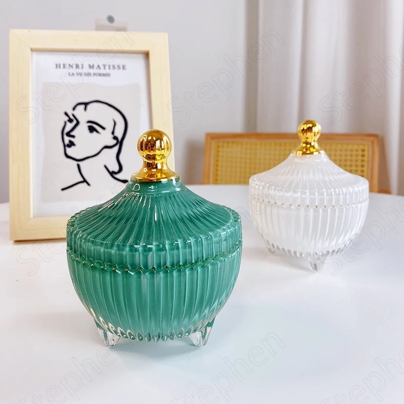 

Vintage Golden Glass Cosmetic Containers Nordic Modern Green Aromatherapy Candle Jars with Lid Home Dressing Table Decoration