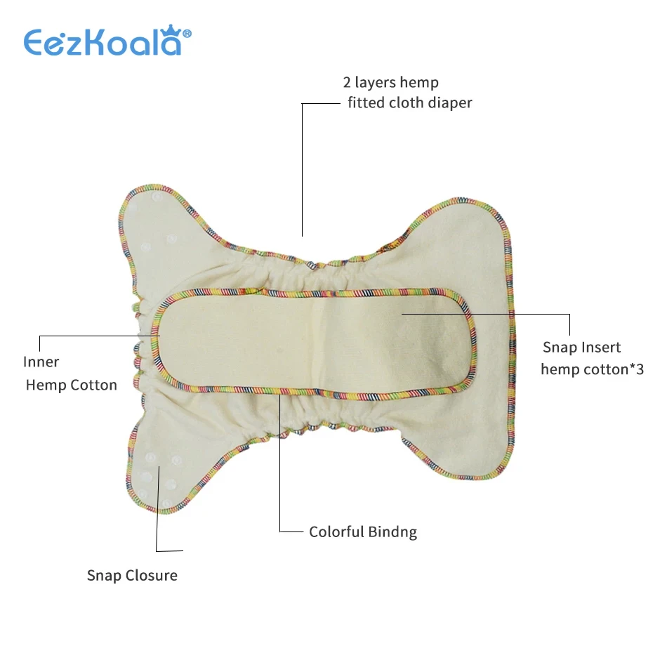 Eezkoala 2 Stks/partij Milieuvriendelijke Os Hennep Ingericht Doek Luier, Aio Elke Luier Met Een Snap Insert, fit Baby 5-15kgs, Hoog