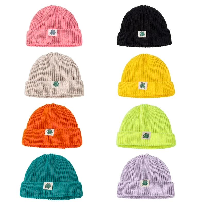 Autumn Winter Solid Color Baby Knitted Hat Warm Soft Casual Hemming Hat Kids Girls Boys Frog Cloth Label Beanies Cap