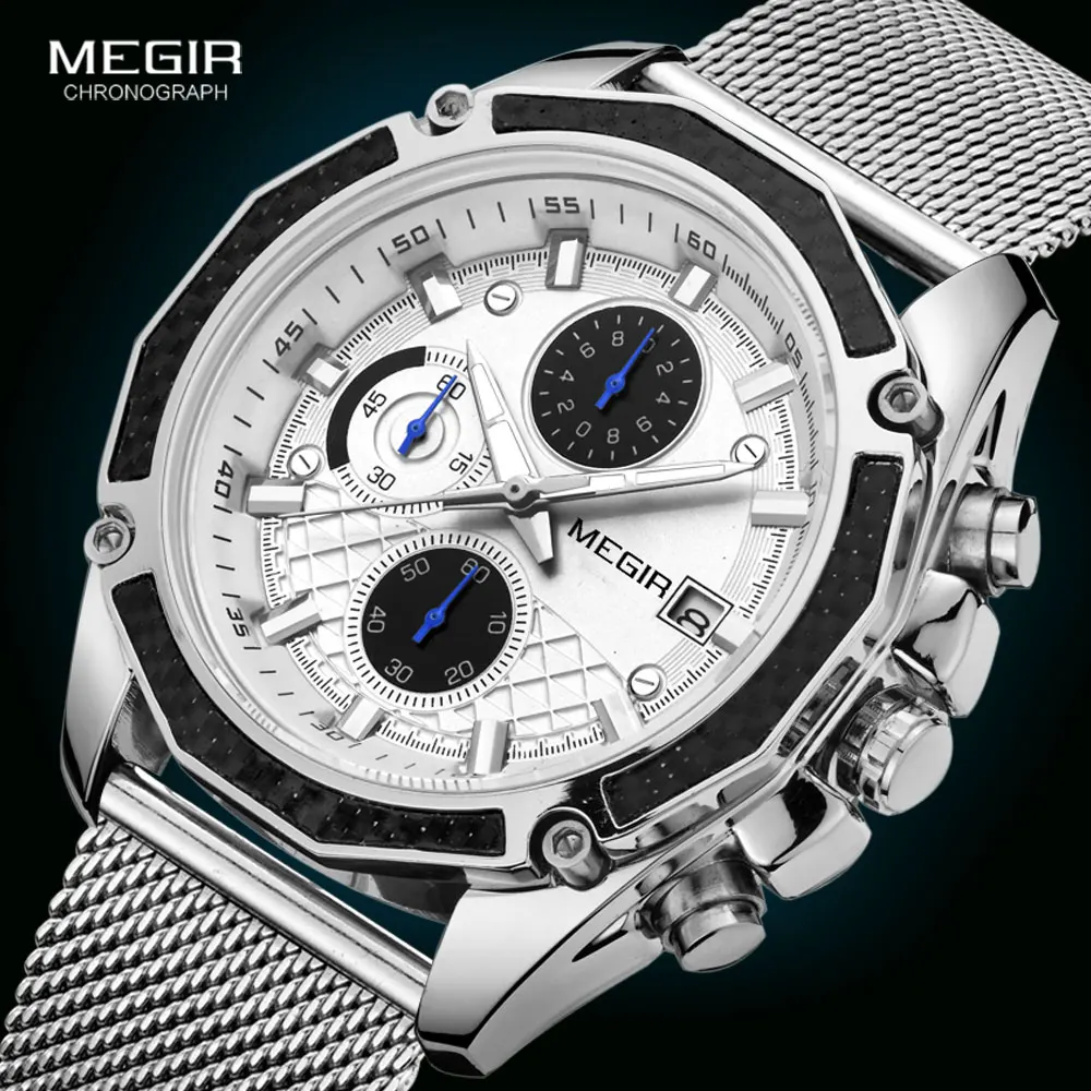 MEGIR Men\'s Watches 2020 Luxury Fashion Chronograph Quartz Watch for Man Mesh Strap Casual Army Sport Waterproof Wrist Watches