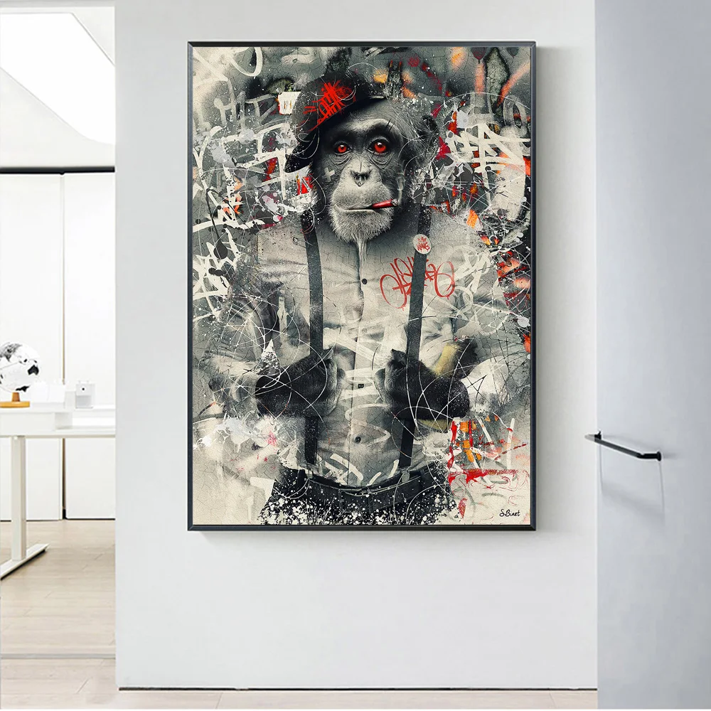 

Smoking Monkey In Suit Graffiti Wall Art Poster And Prints Funny Animal Canvas Painting On Wall Picture For Room Decoration