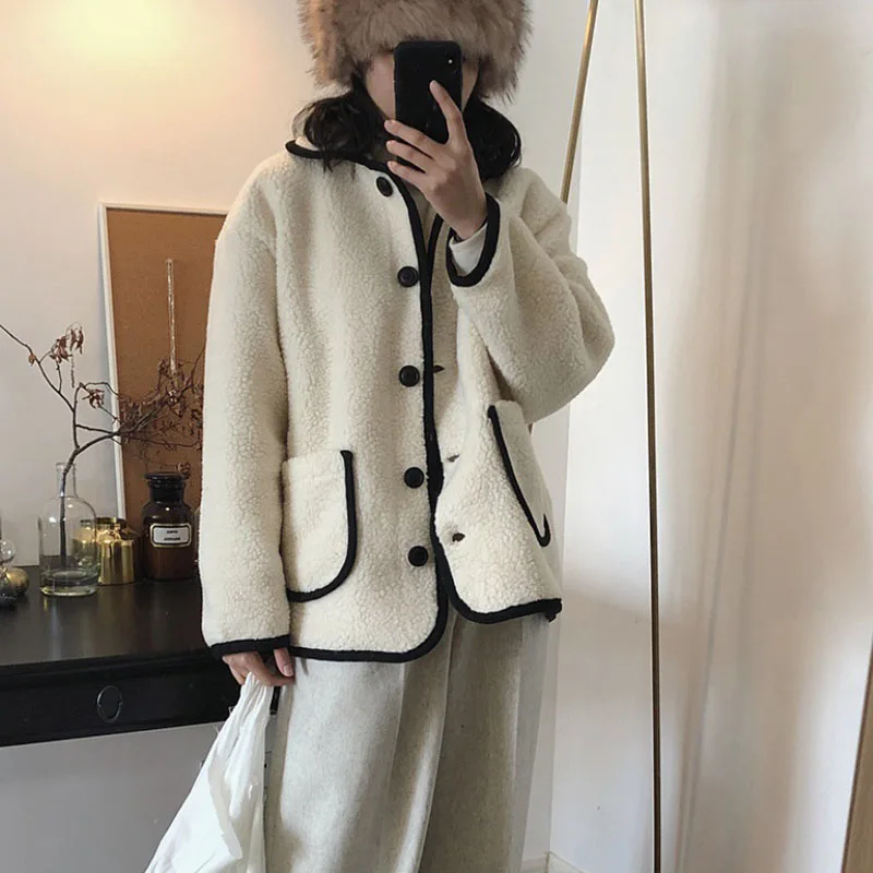 

Nice Women's Winter Pop Little Fragrant Lapel Lamb Wool Padded Jacket For Ladies Singel Breasted Furry Solid Color Chic Coat