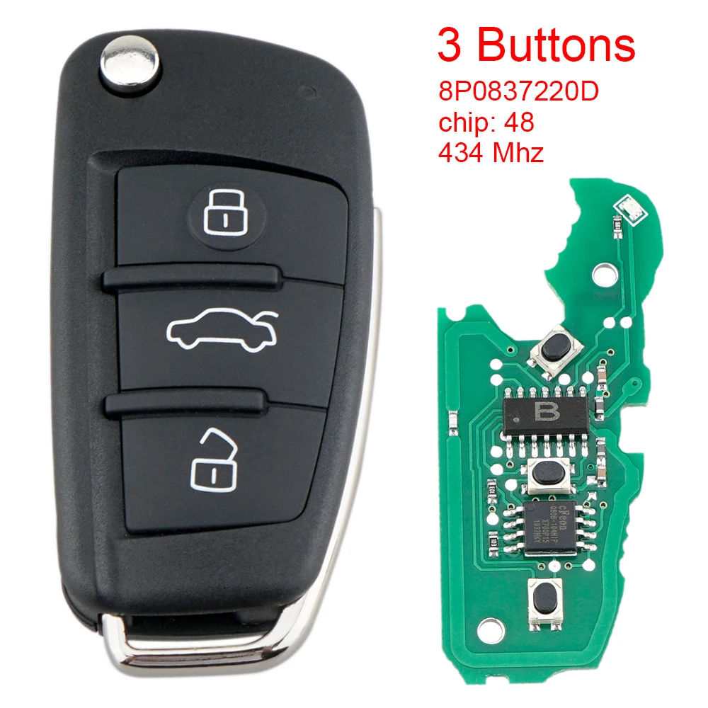 

3 Buttons 433MHz Flip Remote Key Fob with 48 Chip 8P0837220D Fit for AUDI A2 A4 S4 Cabrio Quattro Avant 2005 2006 2007 2008