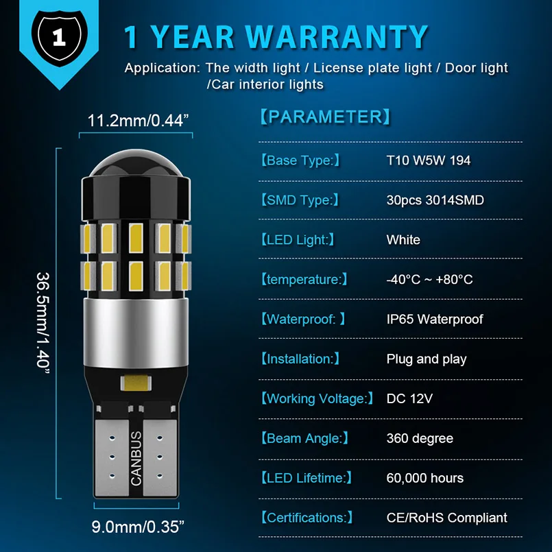 Katur 2 piezas T10 194, 2825 de 168 W5W Led Automotivo T10 de las luces de estacionamiento CANBUS ningún Error con lente de 6000 K blanco