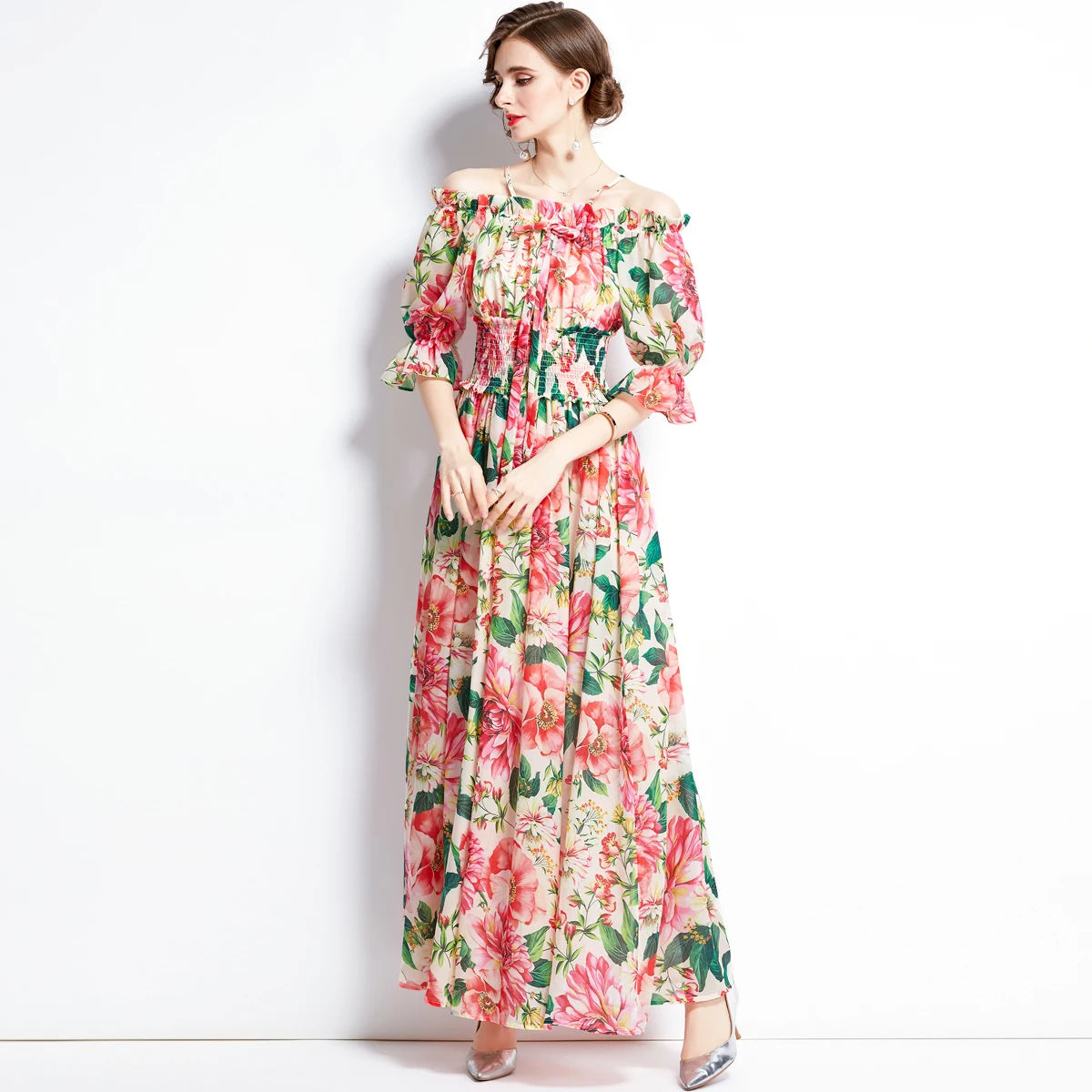 

ZUOMAN Women Summer Elegant Floral Dress Festa High Quality Long Maxi Party Robe Femme Runway Designer Chiffon Vestidos