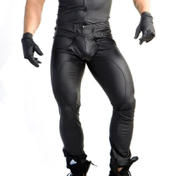 Sexy Men Faux Leather Pants Erotic Novelty Crotchless Buttons Trousers Elastic Lingerie Black Tight Wetlook Gay Fetish Pants 2XL