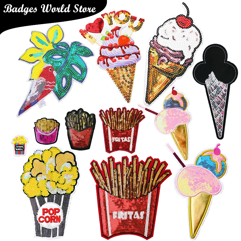 Cartoon Decorative Fries Ice cream Popcorn icon Embroidered Applique Patch For DIY Iron on Badges Stickers on backpack,clothes