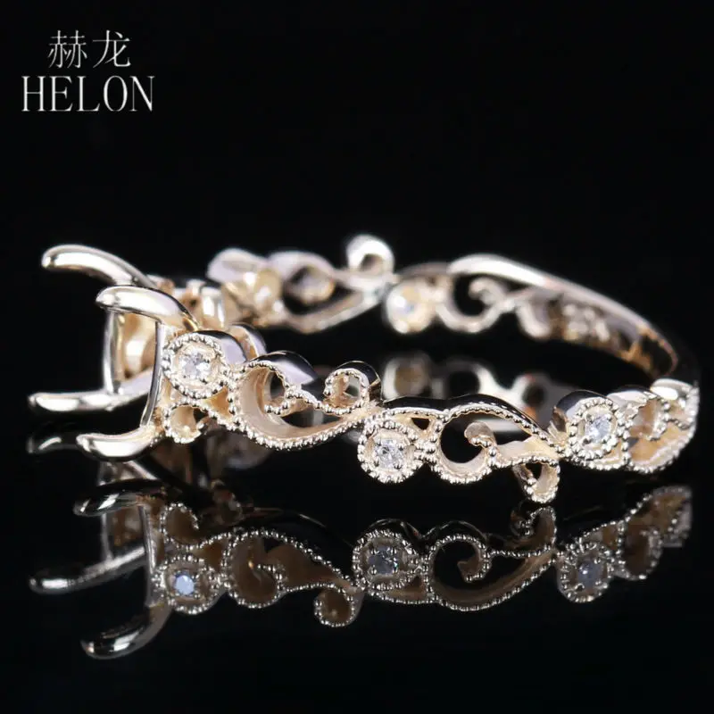 HELON 7-8mm Round Solid 14K Yellow Gold AU585 Natural Diamonds Semi Mount Engagement Wedding Ring Setting Women Fine Jewelry