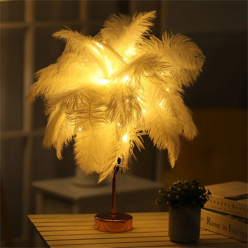 OURFENG Table Lamp LED Iron Art Feather Small Night with Remote Dandelion Atmosphere Light