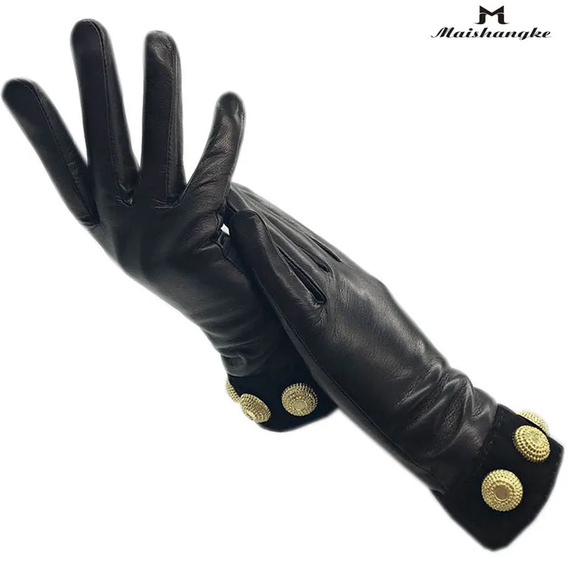 Guantes de piel de oveja de moda para mujer de invierno Piel de oveja negra de alta calidad Cómodos y suaves guantes de cuero nuevos Forro de lana