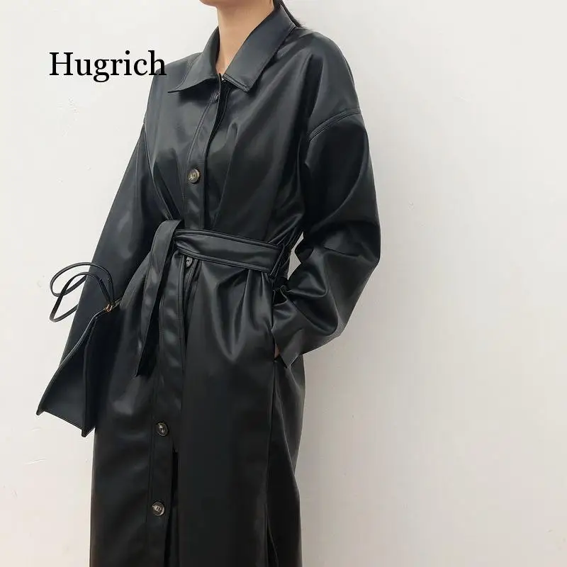 Cool PU Leather Long 2020 New Autumn Women Loose Belt Windbreaker Trench Coat Slim Spring Jacket