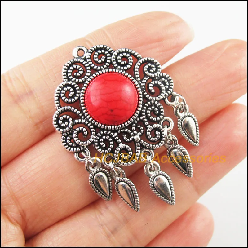 4 New Flower Charms Tibetan Silver Red Waterdrop Tassels Pendants Retro 30x45mm