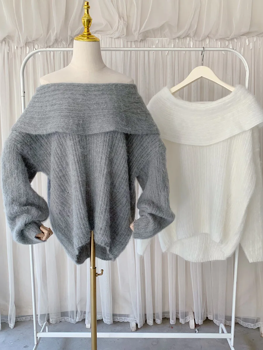 IHOBBY Large Lapel Slash Shoulder Mohair Sweater Women Korean Fashion Spring 2022 New Loose Design Niche Retro Knitted Sweater