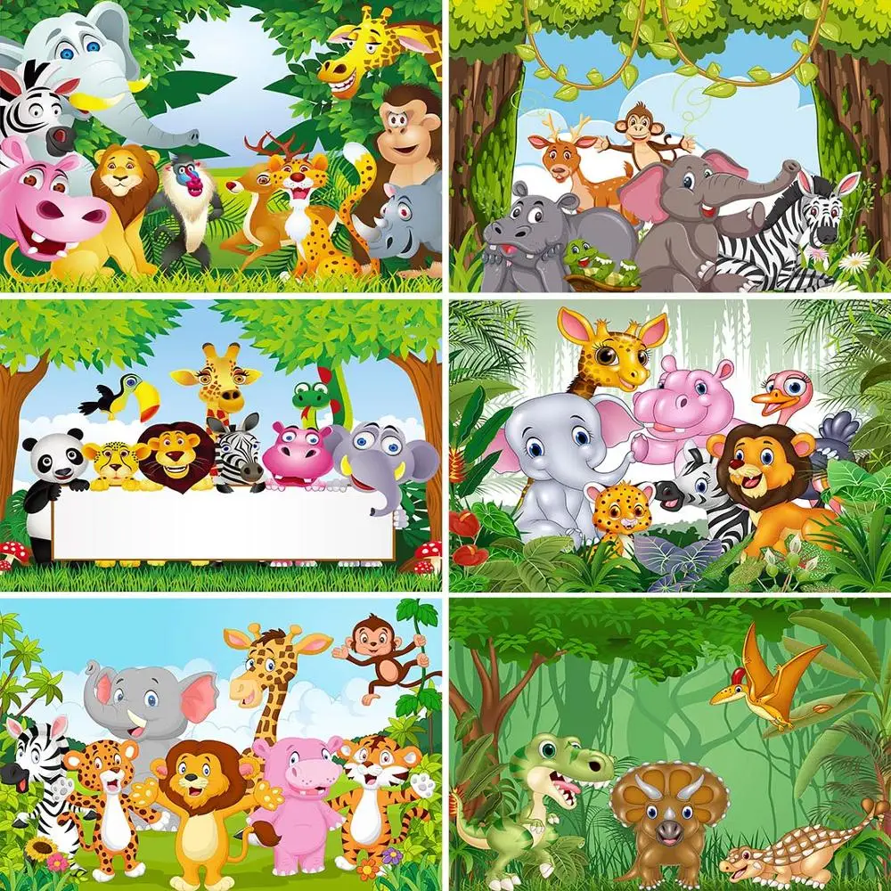 

Cartoon Animal Wild Tropical Jungle Safari Forest Photo Background Custom Birthday Party Banner Baby Shower Photography Backdrop