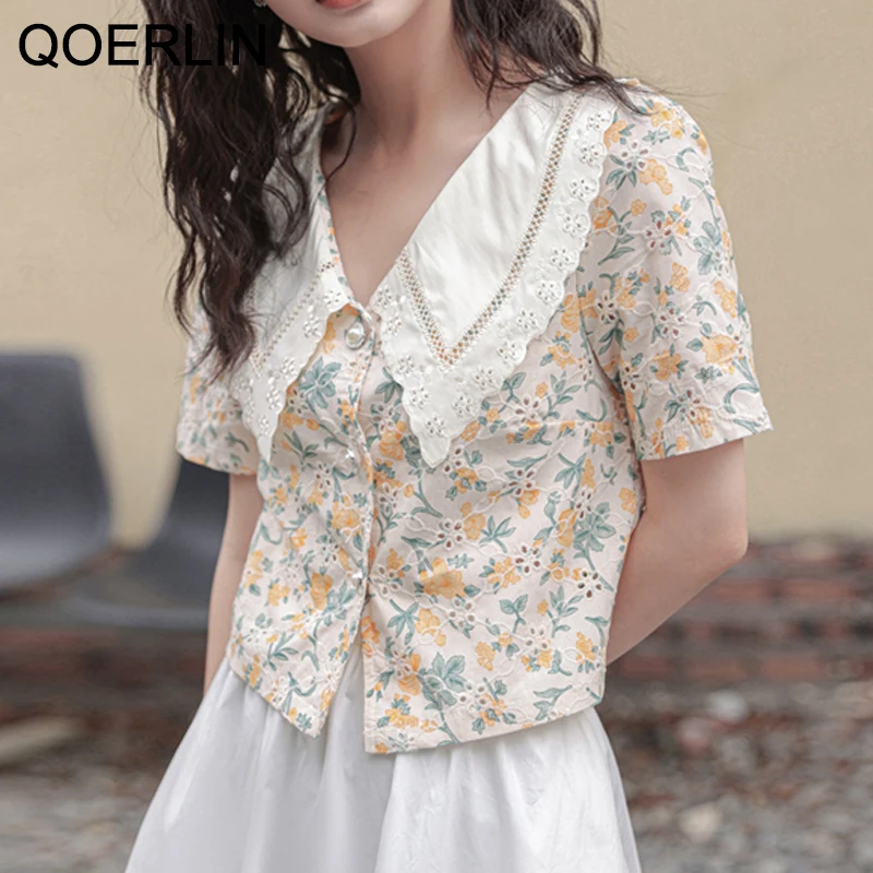 QOERLIN Printed Blouse Female 2022 Summer Women\'s Blouse Korean Polka Dot Short Sleeve Hollow Out Shirt Cropped Tops