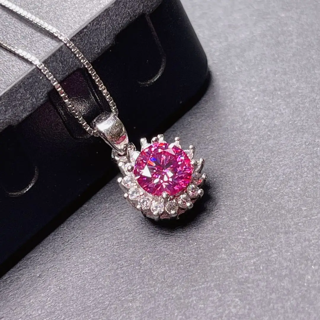 Pink Moissanite Pendant 1CT Gemstone shiny better than diamond Real 925 Silver Necklace Fine Jewelry for Wedding Party Gift