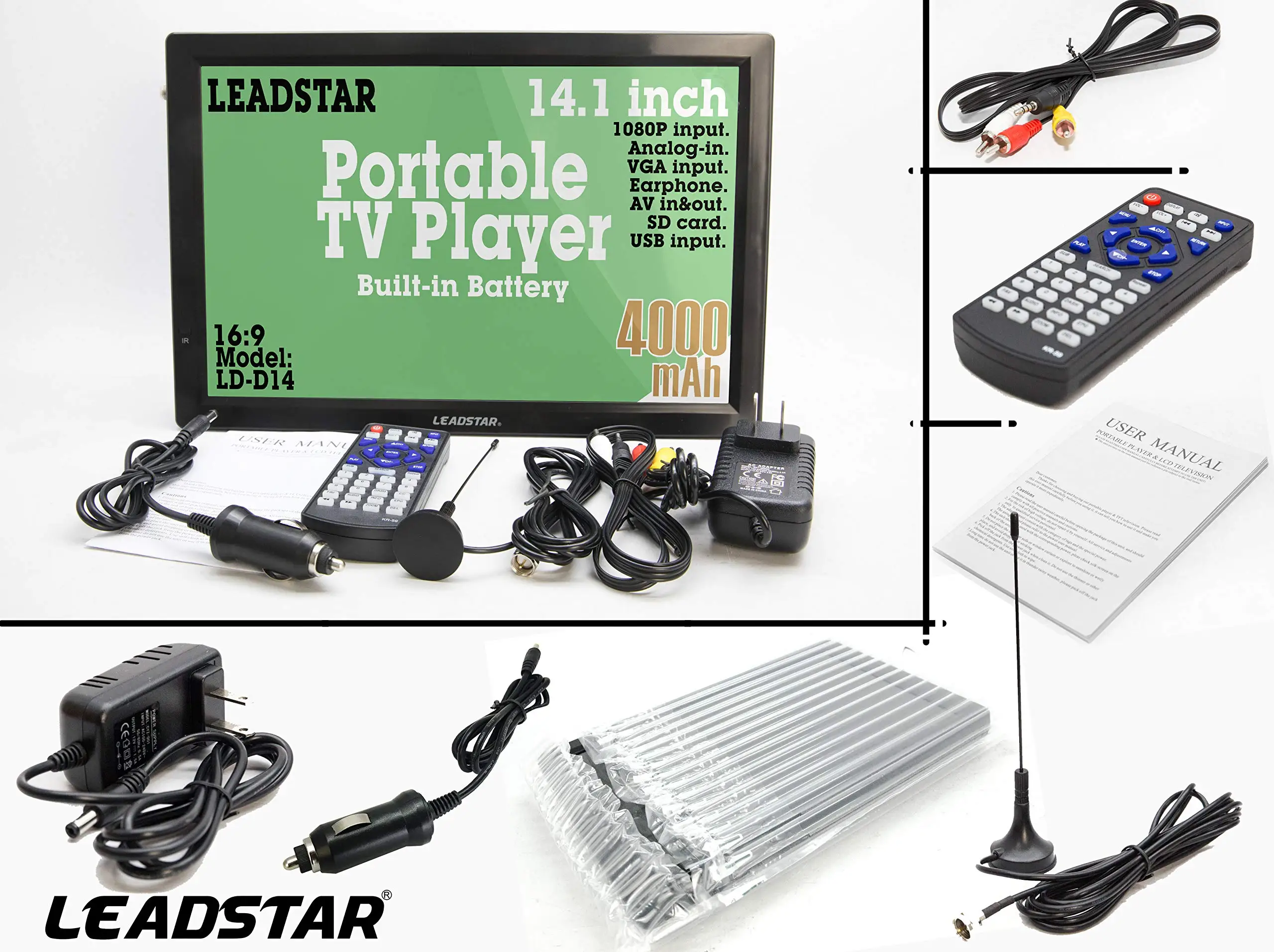 14นิ้วแบบพกพา Widescreen Led Tv ที่มี Hdmi, Vga, Mmc, Fm,usb/Sd Card,Built-In Digital Tuner,อินพุต Av และรีโมทคอนโทรล