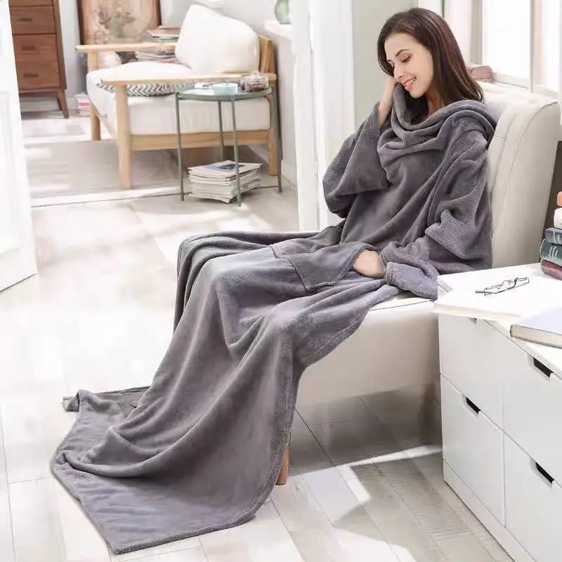 Coral fleece lazy blanket thickening long-sleeved TV blanket cloak sofa blanket long warm air-conditioning office nap blanket