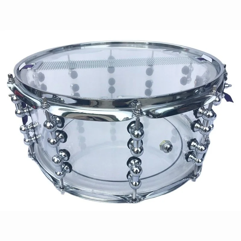 14 Inch Diameter 6.5 Inch Depth Acrylic Snare Drum Transparent with Silver Color 2mm Iron Hoop and Metal One Side Drum Lug