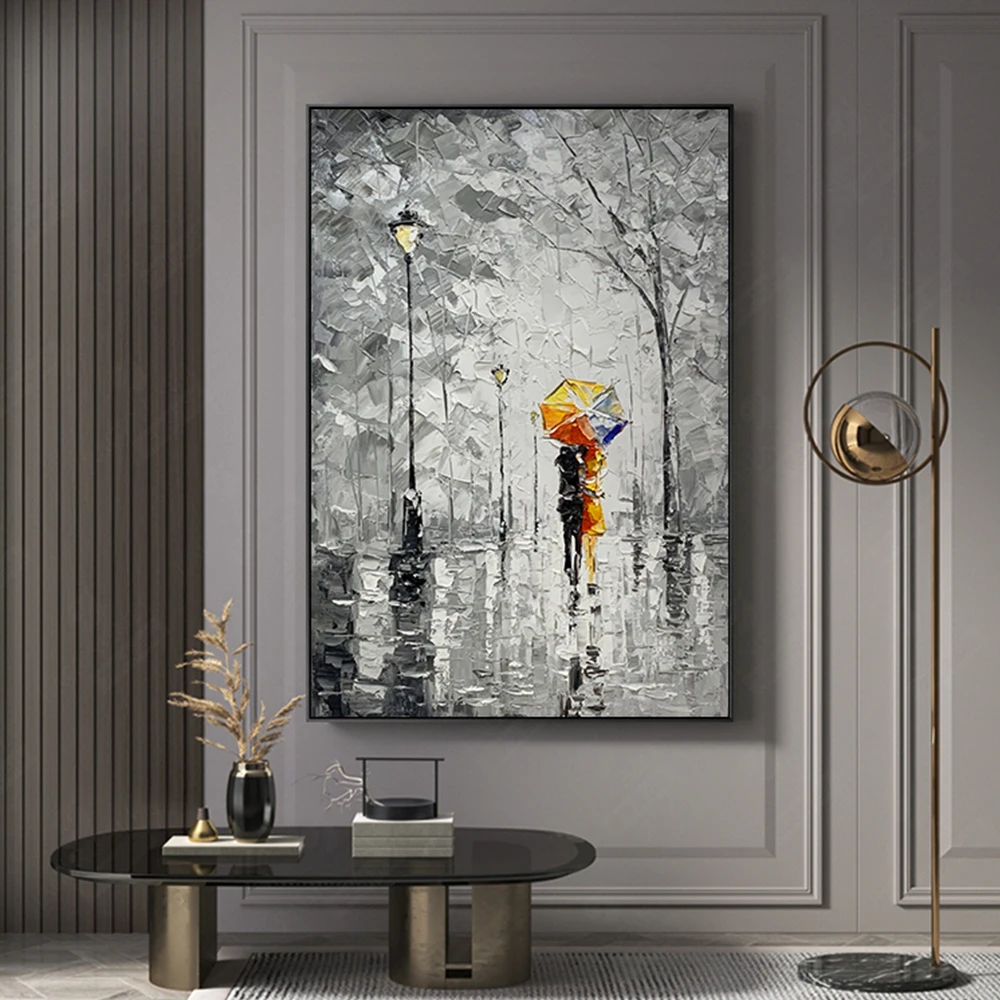 

Hand-Painted, Nordic Abstract Grey Landscape Painting, Home Wall Decoration,3D Abstract Couples walking in the rain Oil Painting