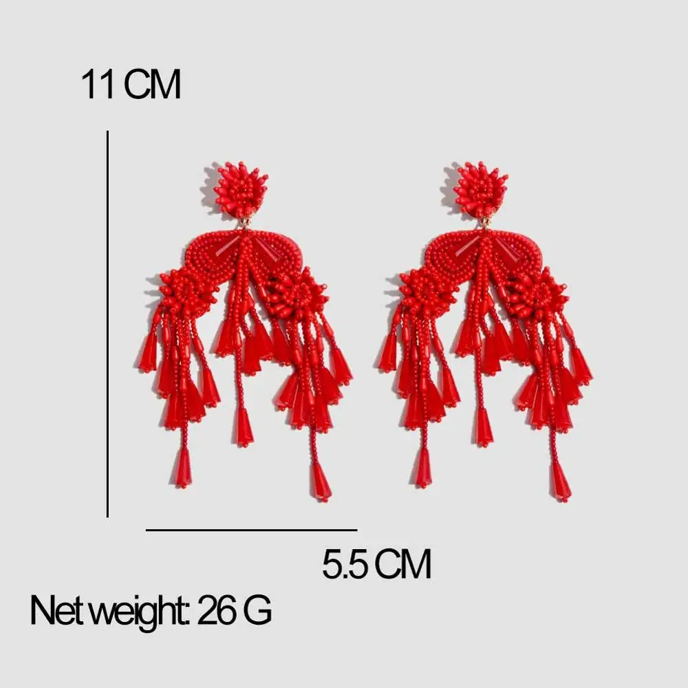 Flatfoosie Handmade Big Tassel Drop Earrings For Women Bohemian Vinatge Colorful Beaded Fringed Statement Dangle Earring Jewelry