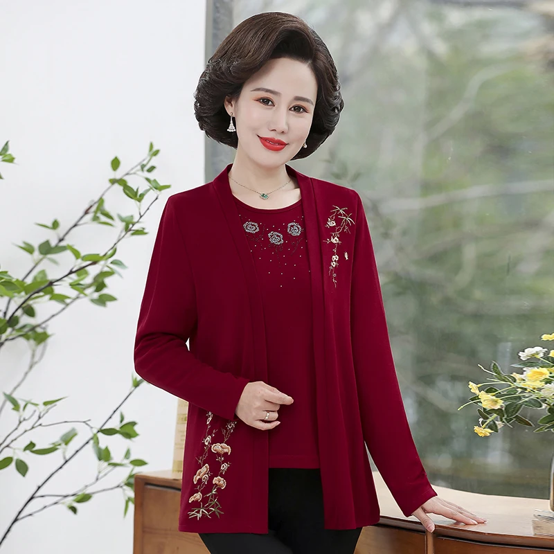 

2pcs/set, Middle Age Women Long Sleeve Knitted Cardigan Top + T-shirt Spring Fall Mother Clothing Camisetas Mujer