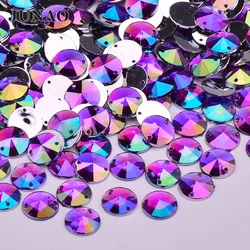 JUNAO 500pc 10mm Purple AB Flat Back Sewing Rhinestone Sew On Rivoli Strass Button Round Crystal Stone with Hole for Needlework