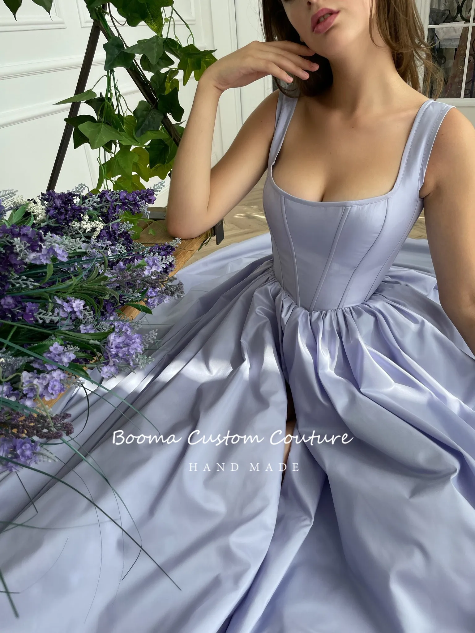 Booma 2021 Lilac Taffeta Prom Jurken Vierkante Hals Hoge Split A-lijn Avondjurken Met Zakken Lace Up Maxi Party jassen