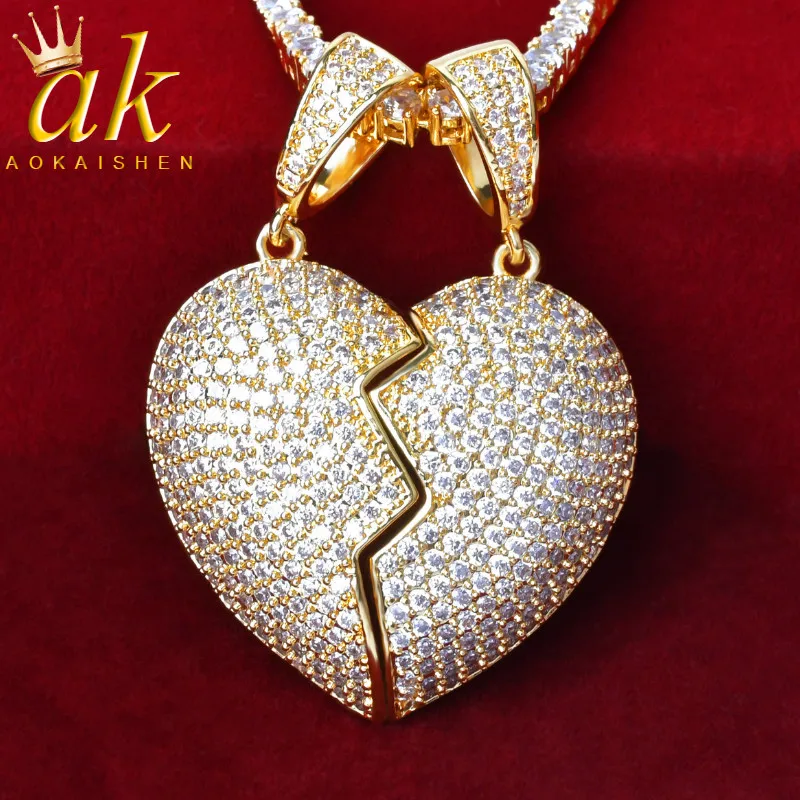 

Aokaishen Couple Braoken Heart Pendant Necklace Gold Color AAAAA Cubic Zirconia Jewelry Hip Hop Rock Jewelry