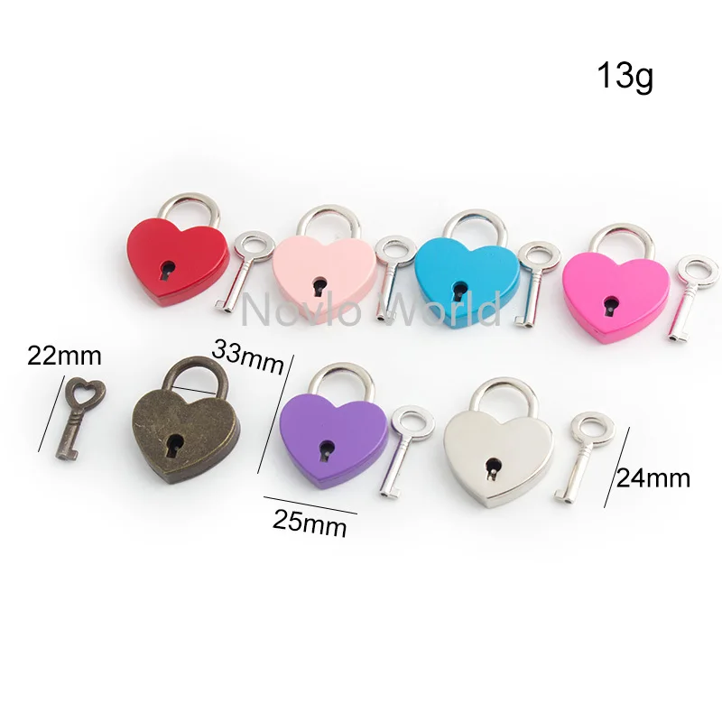 Nolvo World 2-10 pieces 25*33mm 7 colors Heart Shape Padlock with Key Shape Padlock Clasp Key Lock