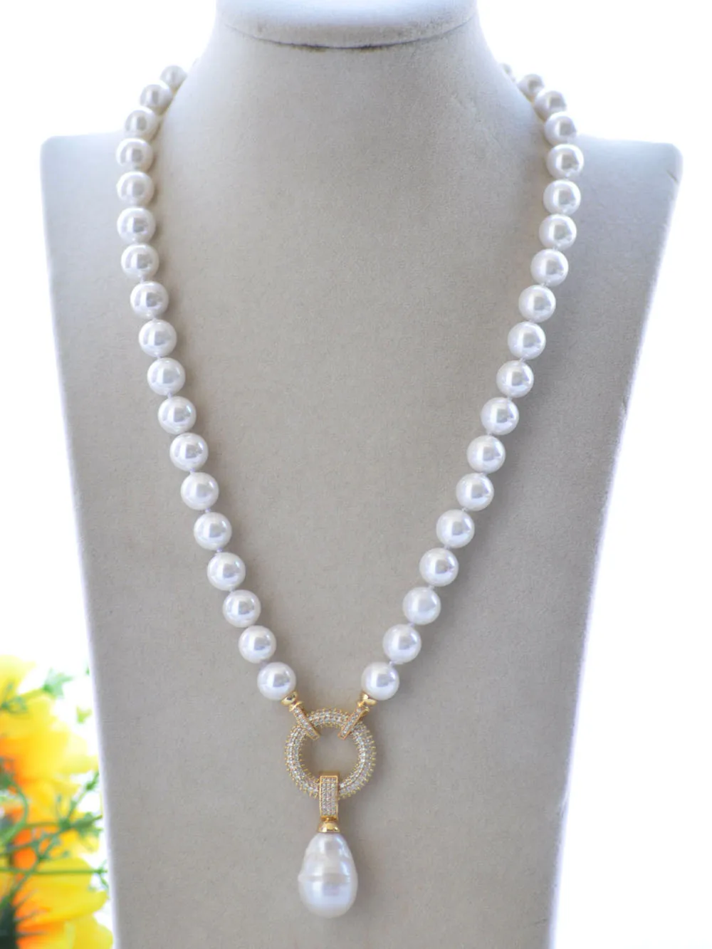 

P7681 21" 22mm black White Keshi & Round shell Pearl Necklace Pendant CZ