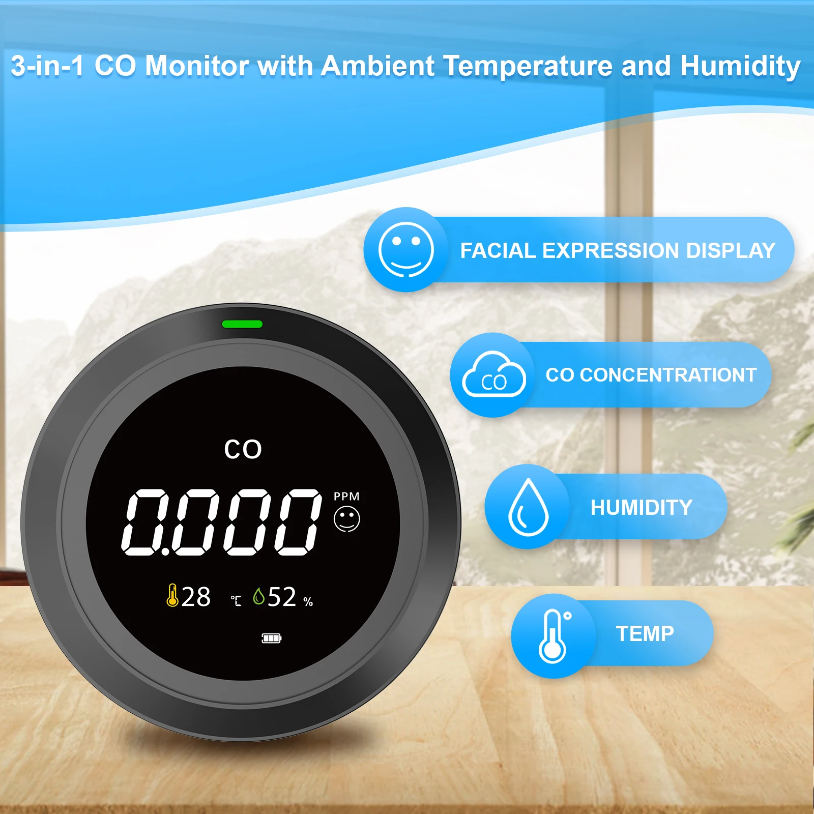 FABISENSE CO Meter Portable CO Monitor with Ambient Temperature Humidity 0~500ppm Air Quality Detector for Bedroom Office Car