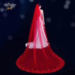 Véu catedral topqueen v86, véu de noiva, aplique bordado, acessórios para cabelo, vermelho chinês