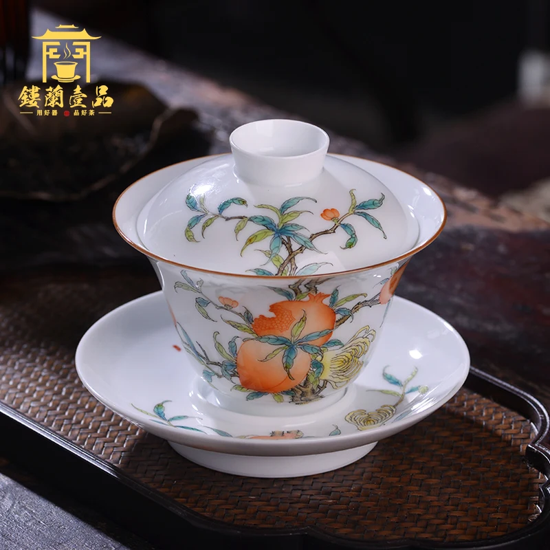 

|tire ceramic full hand painted pastel longevity three multi covered bowls making tea Sancai bowl Kung Fu single tea cup