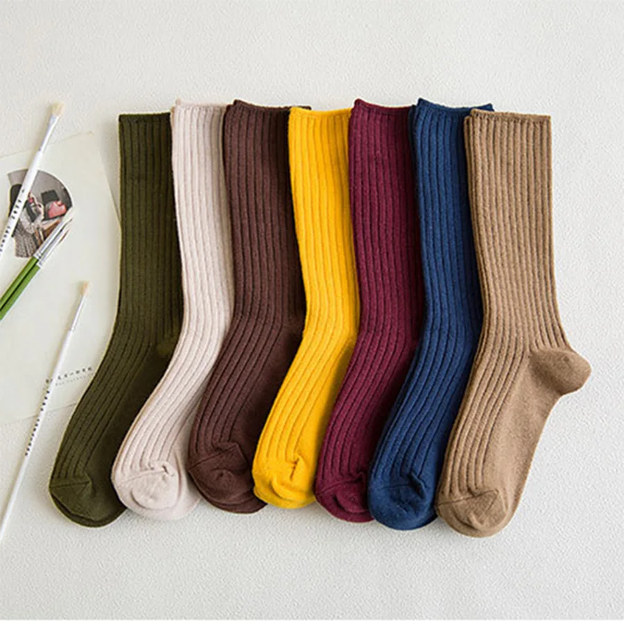 Cotton Women Socks 10 Solid Colors Black Khaki Beige Pink Casual Harajuku Female Crew Sock Spring Summer Autumn  Style