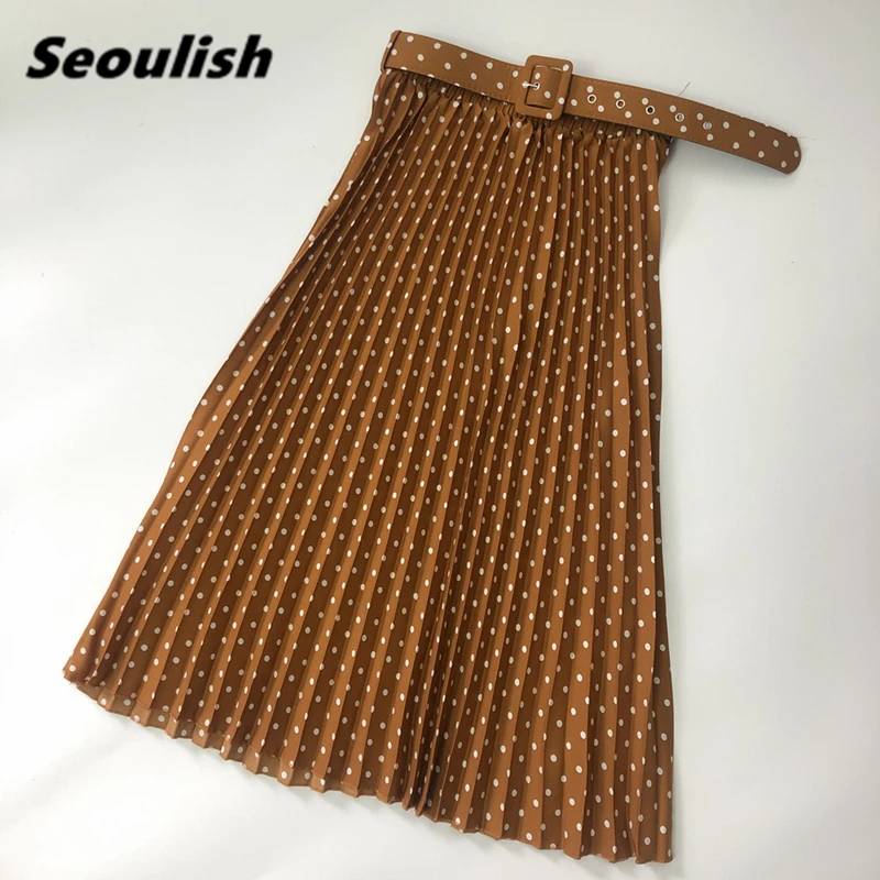 

Seoulish Bohemian Polka Dots Pleated Women's Skirts with Belted Spring Summer 2022 New High Waist Umbrella Midi Skirts Female