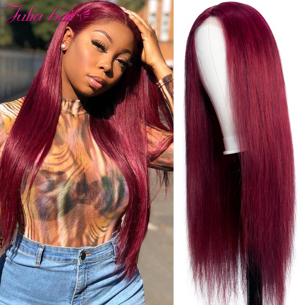 

Brazilian 99J Lace T Closure Wigs Bone Straight Ombre Hightlight Brown Human Hair Lace Wigs For Women Burgundy Human Hair Wigs