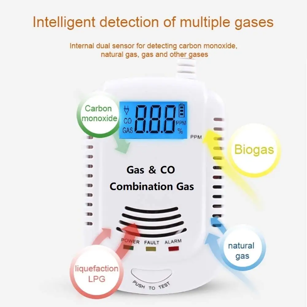 Home Security Combustible Gas Leakage Sensor 2 In 1 Propane Butane Gas Detector Fire Alarm LED Flash 85dB Sound